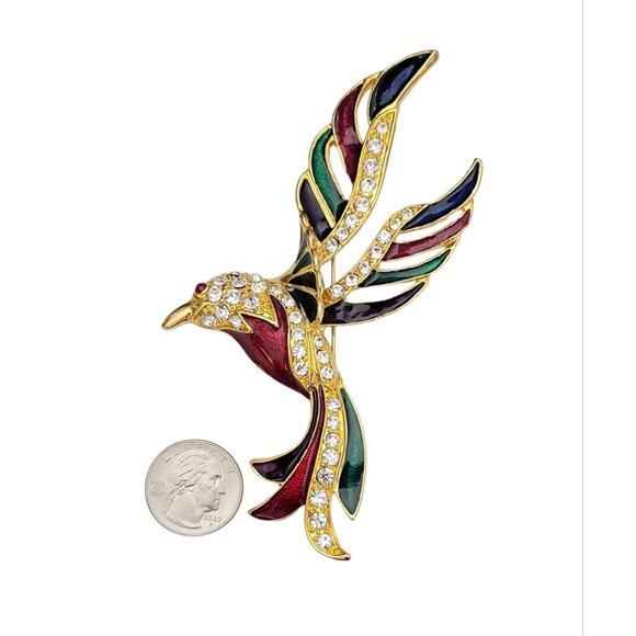 Gold Tone Enamel Clear Rhinestone Statement Large Paradise Bird Brooch, K203 - Picture 5 of 8
